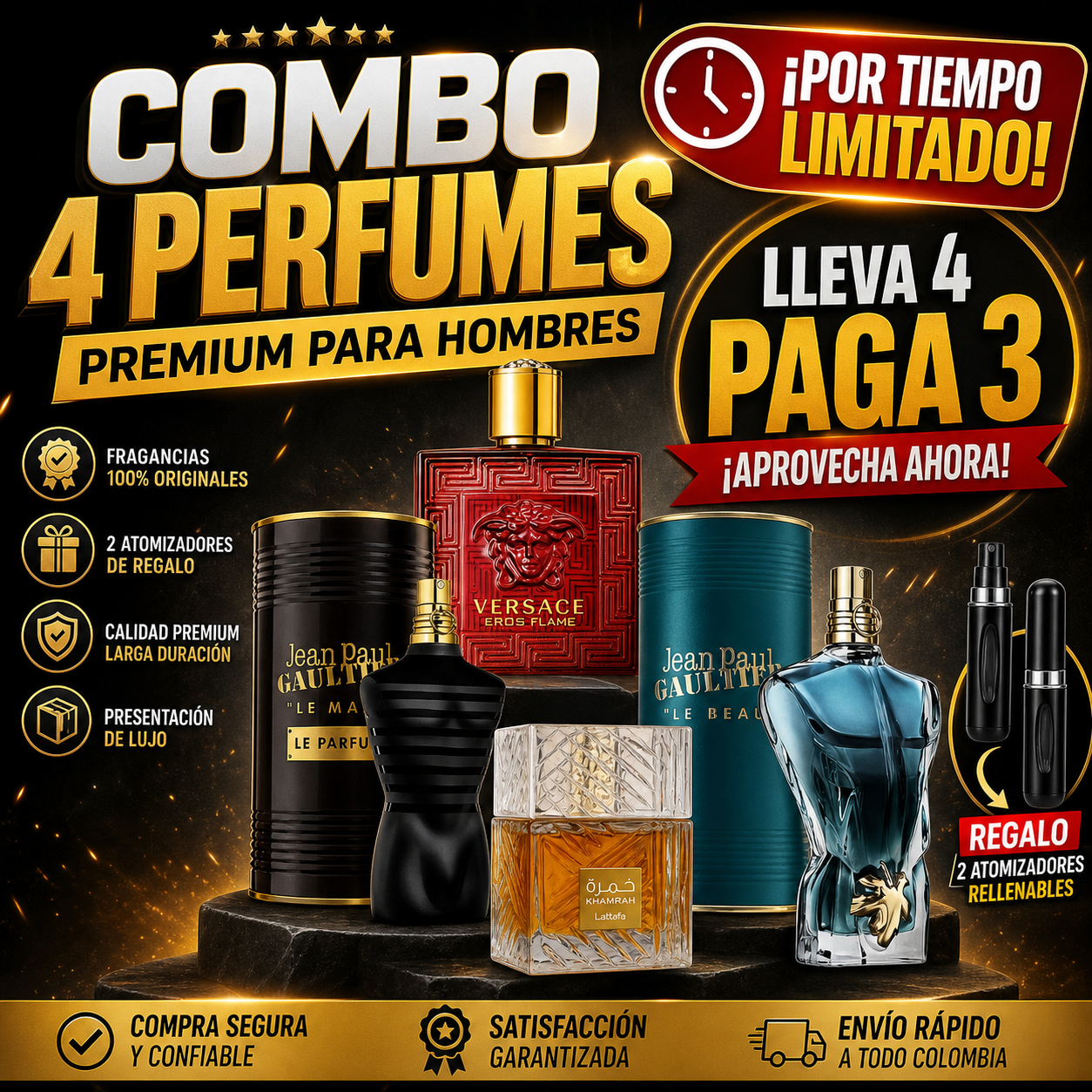 💎 Pack 4 Perfumes de Lujo + 2 Atomizadores GRATIS (Paga 3 y Llévate 4)